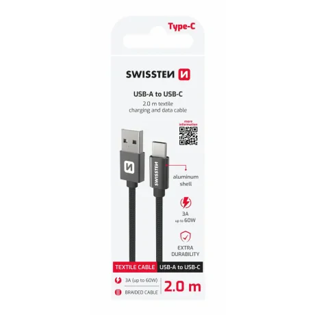 CABLU DE DATE SWISSTEN TEXTIL USB / USB-C 2.0 M NEGRU