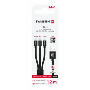CABLU DE DATE SWISSTEN TEXTILE 3 în 1 1,2 M NEGRU (Lightning, 2x USB-C) 