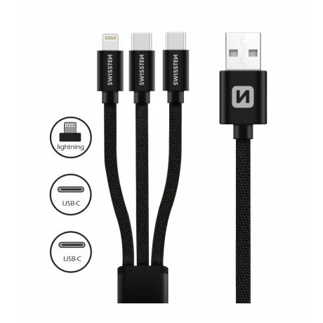 CABLU DE DATE SWISSTEN TEXTILE 3 în 1 1,2 M NEGRU (Lightning, 2x USB-C) 