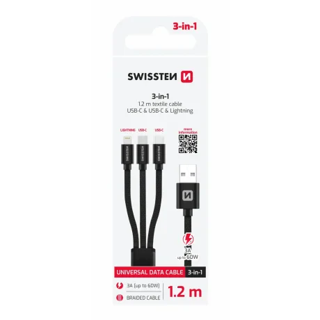 CABLU DE DATE SWISSTEN TEXTILE 3 în 1 1,2 M NEGRU (Lightning, 2x USB-C) 