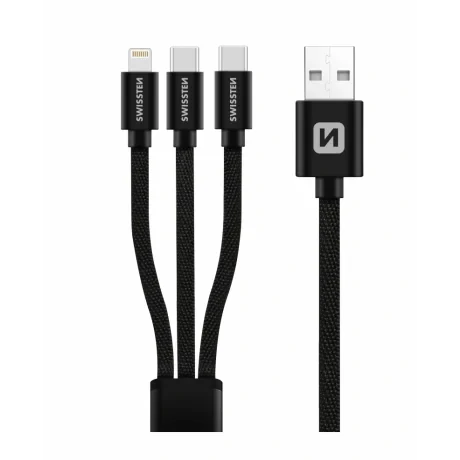 CABLU DE DATE SWISSTEN TEXTILE 3 în 1 1,2 M NEGRU (Lightning, 2x USB-C) 