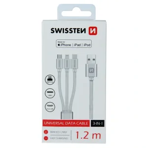 CABLU DE DATE SWISSTEN TEXTILE 3 în 1 MFi 1.2 M ARGINTIU (Lightning, USB-C, Micro USB)