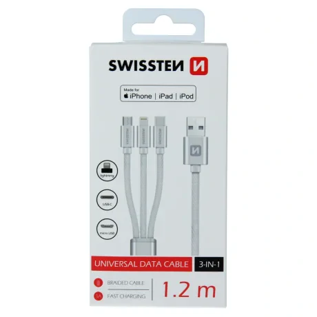 CABLU DE DATE SWISSTEN TEXTILE 3 în 1 MFi 1.2 M ARGINTIU (Lightning, USB-C, Micro USB)