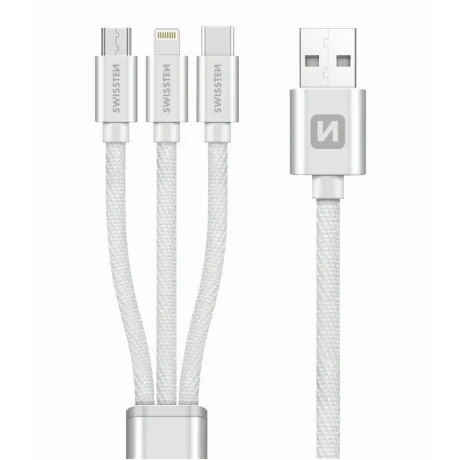 CABLU DE DATE SWISSTEN TEXTILE 3 în 1 MFi 1.2 M ARGINTIU (Lightning, USB-C, Micro USB)