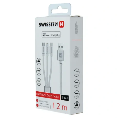 CABLU DE DATE SWISSTEN TEXTILE 3 în 1 MFi 1.2 M ARGINTIU (Lightning, USB-C, Micro USB)