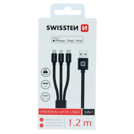 CABLU DE DATE SWISSTEN TEXTILE 3 în 1 MFi 1,2 M NEGRU (Lightning, USB-C, Micro USB)