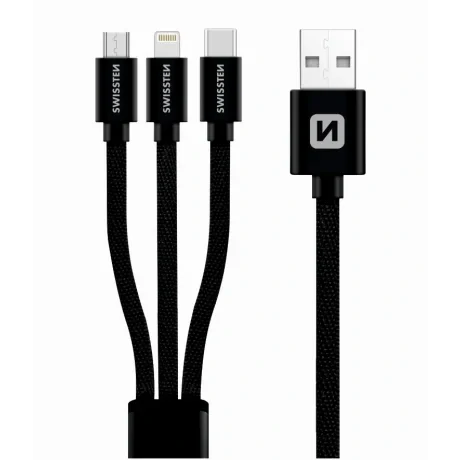 CABLU DE DATE SWISSTEN TEXTILE 3 în 1 MFi 1,2 M NEGRU (Lightning, USB-C, Micro USB)