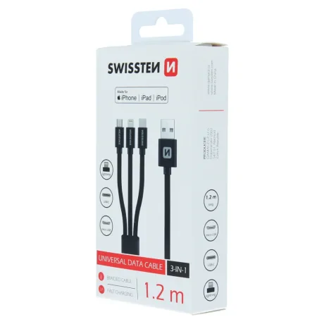 CABLU DE DATE SWISSTEN TEXTILE 3 în 1 MFi 1,2 M NEGRU (Lightning, USB-C, Micro USB)