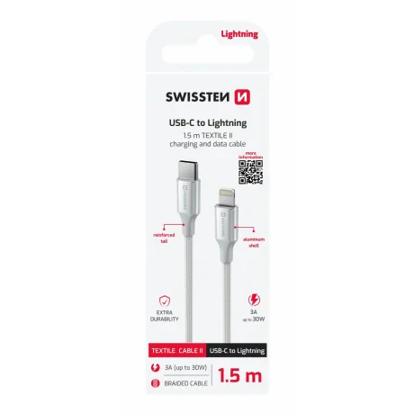 CABLU DE DATE SWISSTEN TEXTILE II USB-C / LIGHTNING 1.5 M ALB