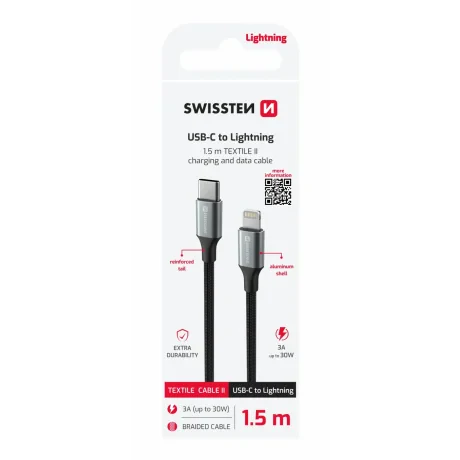 CABLU DE DATE SWISSTEN TEXTILE II USB-C / LIGHTNING 1.5 M NEGRU