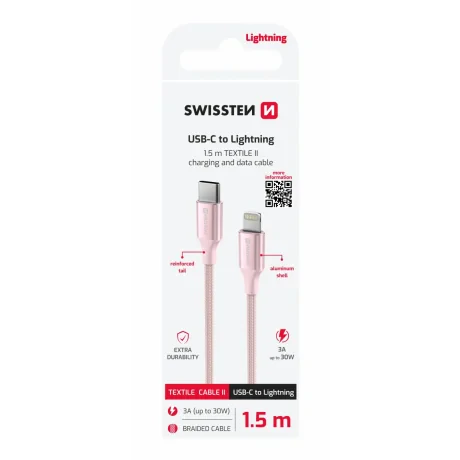 CABLU DE DATE SWISSTEN TEXTILE II USB-C / LIGHTNING 1.5 M ROZ
