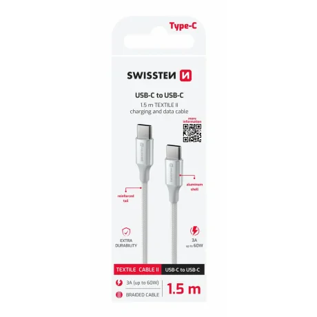 CABLU DE DATE SWISSTEN TEXTILE II USB-C / USB-C 1.5 M ALB