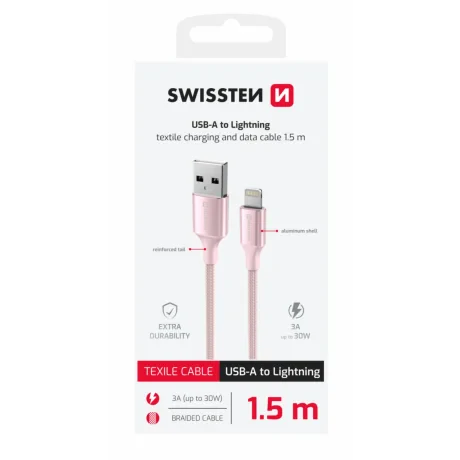 CABLU DE DATE SWISSTEN TEXTILE II USB / LIGHTNING 1.5 M ROZ