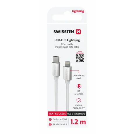 CABLU DE DATE SWISSTEN TEXTILE USB-C / LIGHTNING 1.2 M ARGINTIU