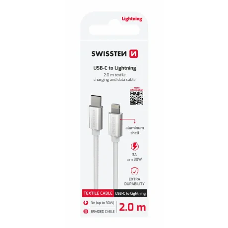CABLU DE DATE SWISSTEN TEXTILE USB-C / LIGHTNING 2.0 M ARGINTIU