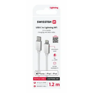 CABLU DE DATE SWISSTEN TEXTILE USB-C / LIGHTNING MFi 1.2 M ARGINTIU