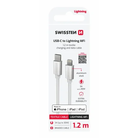 CABLU DE DATE SWISSTEN TEXTILE USB-C / LIGHTNING MFi 1.2 M ARGINTIU
