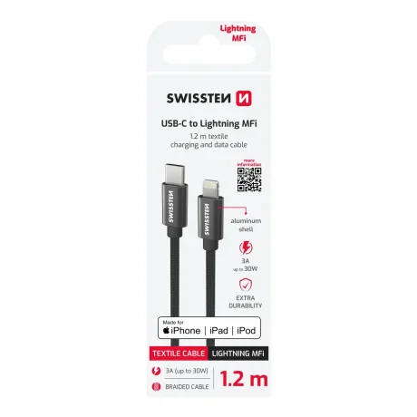 CABLU DE DATE SWISSTEN TEXTILE USB-C / LIGHTNING MFi 1.2 M NEGRU
