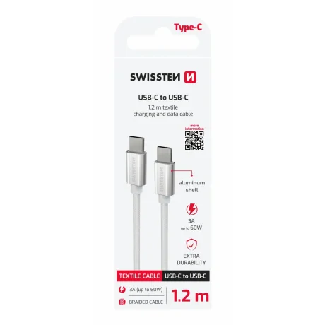 CABLU DE DATE SWISSTEN TEXTILE USB-C / USB-C 1.2 M ARGINTIU