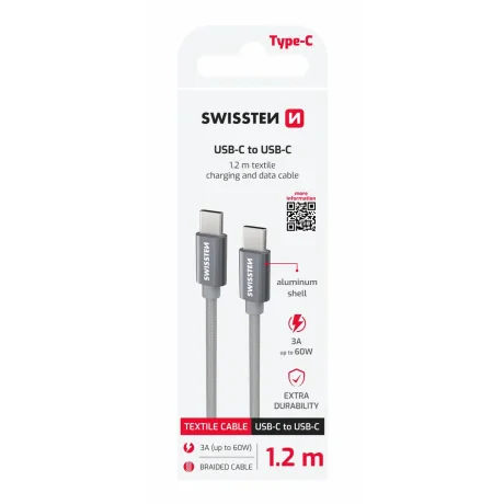 CABLU DE DATE SWISSTEN TEXTILE USB-C / USB-C 1.2 M GRI