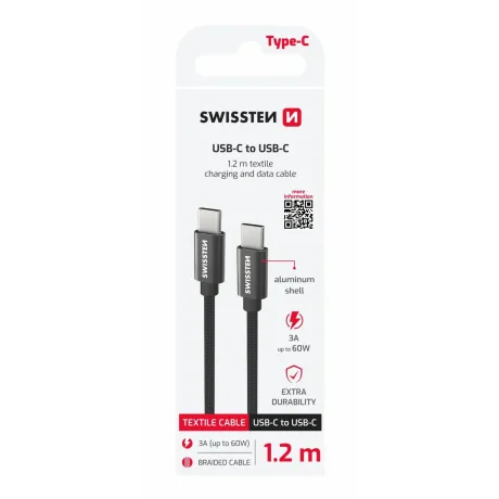CABLU DE DATE SWISSTEN TEXTILE USB-C / USB-C 1.2 M NEGRU