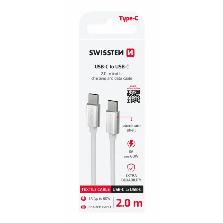 CABLU DE DATE SWISSTEN TEXTILE USB-C / USB-C 2.0 M ARGINTIU