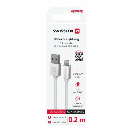 CABLU DE DATE SWISSTEN TEXTILE USB / LIGHTNING 0.2 M ARGINTIU
