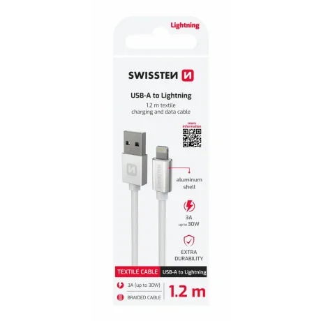 CABLU DE DATE SWISSTEN TEXTILE USB / LIGHTNING 1.2 M ARGINTIU