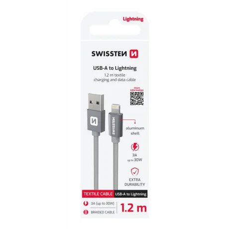 CABLU DE DATE SWISSTEN TEXTILE USB / LIGHTNING 1.2 M GRI