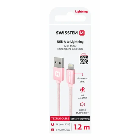 CABLU DE DATE SWISSTEN TEXTILE USB / LIGHTNING 1.2 M ROZ/AURIU