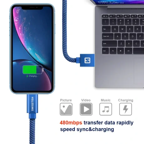 CABLU DE DATE SWISSTEN TEXTILE USB / LIGHTNING 2.0 M ALBASTRU