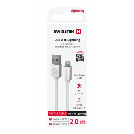 CABLU DE DATE SWISSTEN TEXTILE USB / LIGHTNING 2.0 M ARGINTIU