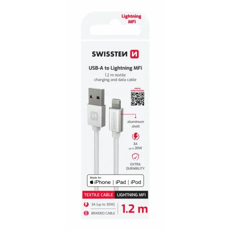 CABLU DE DATE SWISSTEN TEXTILE USB / LIGHTNING MFi 1.2 M ARGINTIU