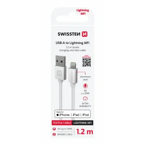 CABLU DE DATE SWISSTEN TEXTILE USB / LIGHTNING MFi 1.2 M ARGINTIU