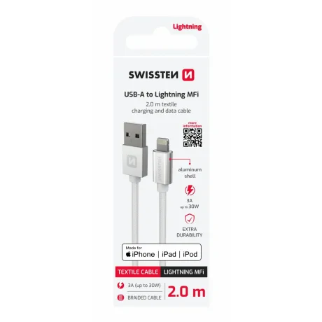 CABLU DE DATE SWISSTEN TEXTILE USB / LIGHTNING MFi 2.0 M ARGINTIU