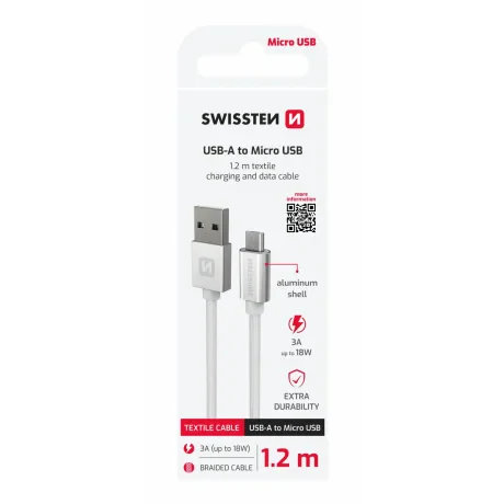 CABLU DE DATE SWISSTEN TEXTILE USB / MICRO USB 1.2 M ARGINTIU