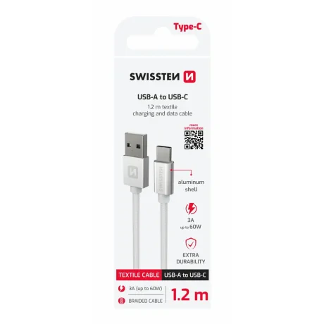 CABLU DE DATE SWISSTEN TEXTILE USB / USB-C 1.2 M ARGINTIU