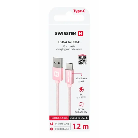 CABLU DE DATE SWISSTEN TEXTILE USB / USB-C 1.2 M ROZ/AURIU