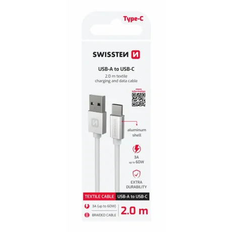 CABLU DE DATE SWISSTEN TEXTILE USB / USB-C 2.0 M ARGINTIU
