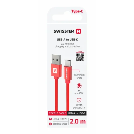 CABLU DE DATE SWISSTEN TEXTILE USB / USB-C 2.0 M ROȘU