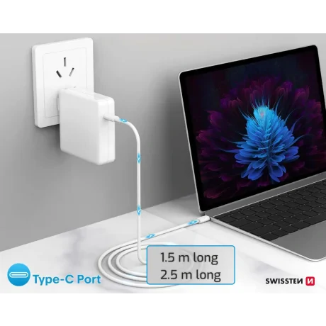 CABLU DE DATE SWISSTEN TPE USB-C/USB-C ALIMENTARE 5A (100W) 2.5 M ALB