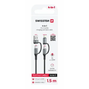 CABLU DE DATE TEXTIL SWISSTEN 4în1 3A 1,5 M NEGRU