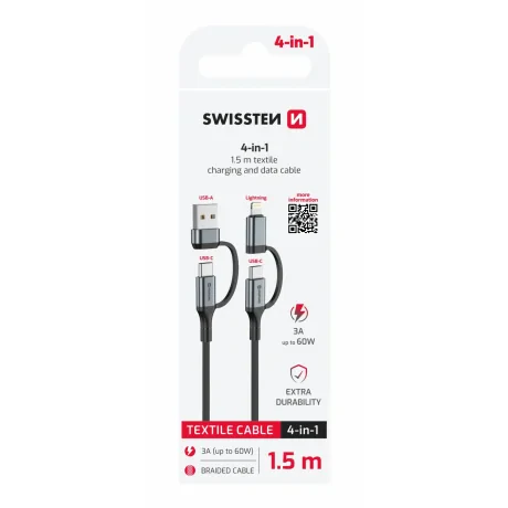 CABLU DE DATE TEXTIL SWISSTEN 4în1 3A 1,5 M NEGRU