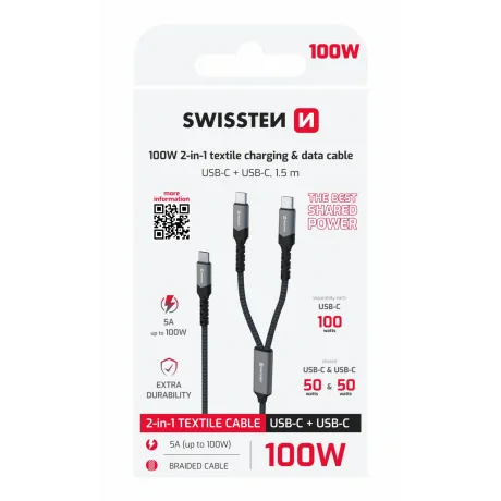 Cablu de încărcare SWISSTEN 2 în 1 100W USB-C / 2x USB-C 1,5 M Negru