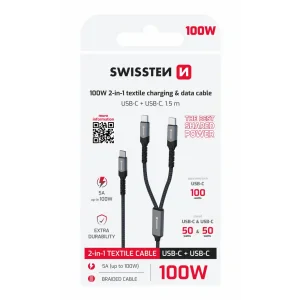 Cablu de încărcare SWISSTEN 2 în 1 100W USB-C / 2x USB-C 1,5 M Negru