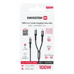 Cablu de încărcare SWISSTEN 2 în 1 100W USB-C / USB-C + LIGHTNING 1,5 m negru