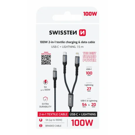 Cablu de încărcare SWISSTEN 2 în 1 100W USB-C / USB-C + LIGHTNING 1,5 m negru