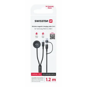 Cablu de încărcare wireless SWISSTEN 2 în 1 pentru ceasul Samsung Galaxy și USB-C, USB-C (USB-A) 1,2 m negru