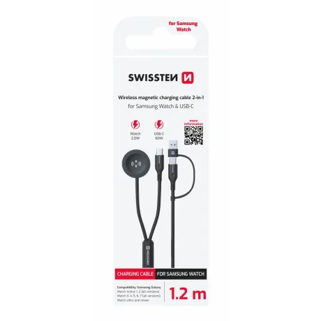 Cablu de încărcare wireless SWISSTEN 2 în 1 pentru ceasul Samsung Galaxy și USB-C, USB-C (USB-A) 1,2 m negru