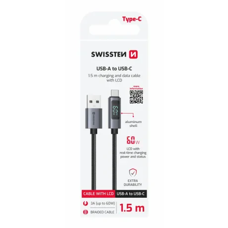 Cablu LCD SWISSTEN USB-A / USB-C 1.5 M